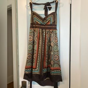 VTG Teeze Me Brown Turquoise Paisley Halter Satin Dress Sz 7